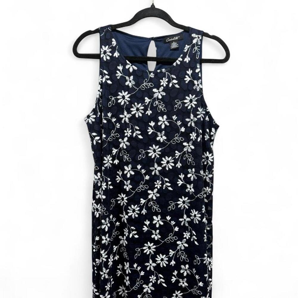 Caldwell Navy Blue Floral Embroidered Dress with White Floral and Vine Design